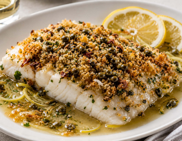 Ginger and Lemon Steamed Bass with Crispy Caper Breadcrumbs
