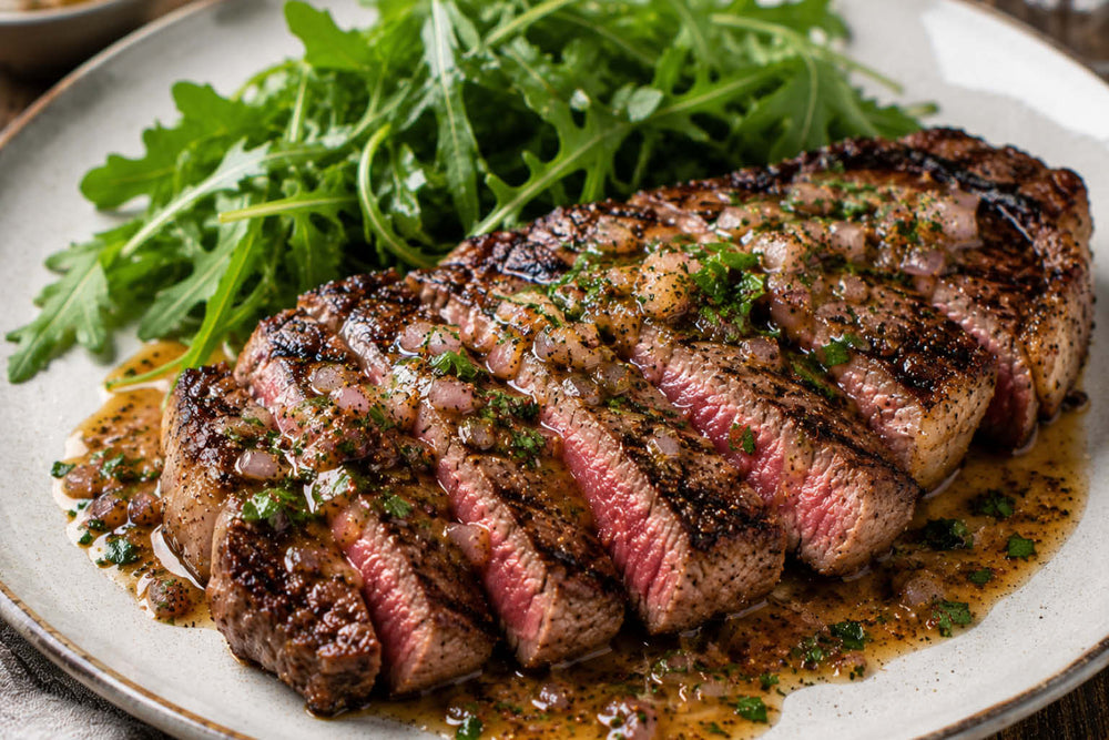 Grilled Strip Steak with Warm Shallot Vinaigrette 