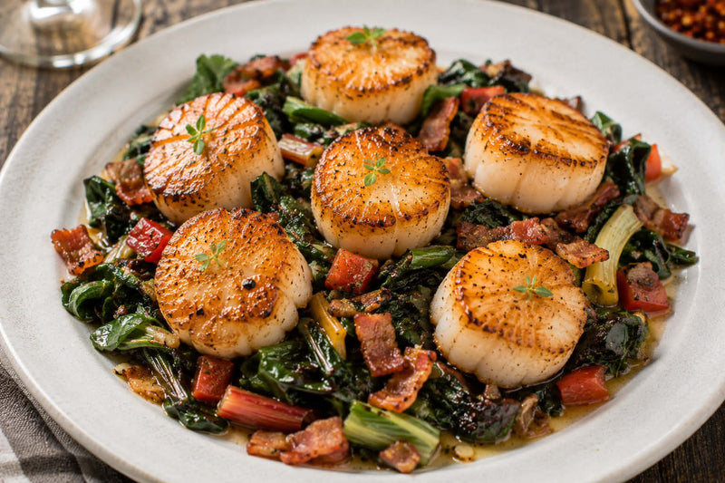 Seared Scallops with Braised Chard and Bacon